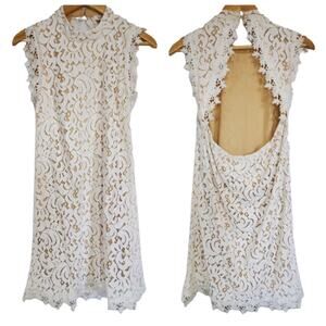 Francesca's White/Tan Crochet High Neck Open Back Dress Small